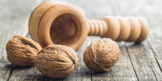 Dried walnuts and nutcracker