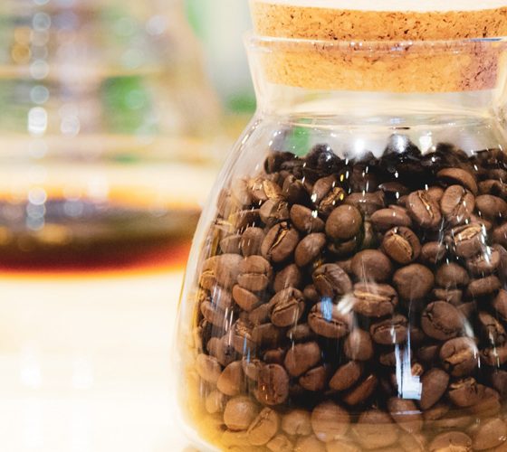 Coffee beans in a glass container