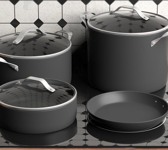 Set of black cooking pots